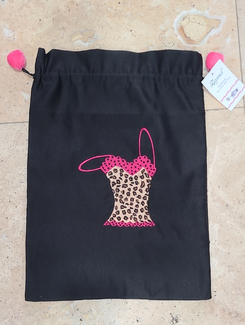 Women’s Black Drawstring Lingerie Bag with Pink & Leopard Appliqué
